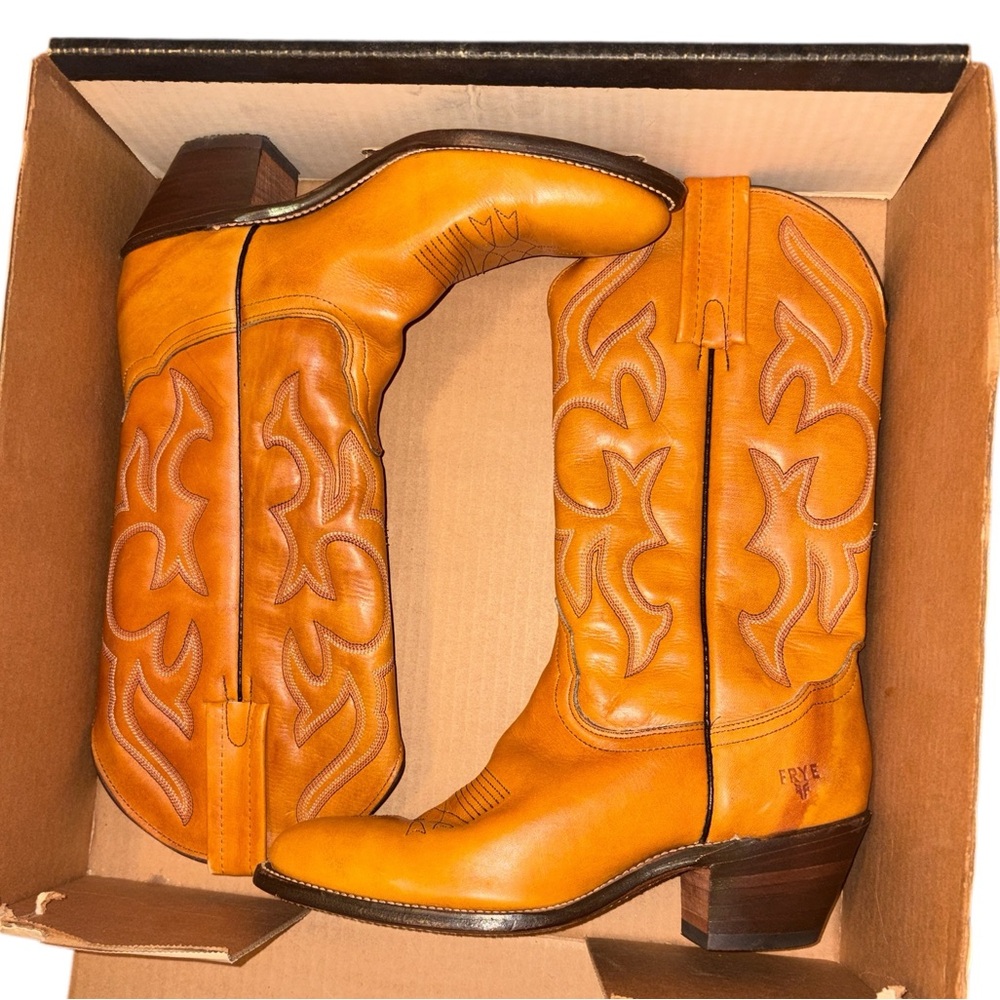 Frye Women's Leather Vintage Western Heeled Cowgirl Boots In Orange/Butterscotch - Picture 8 of 9